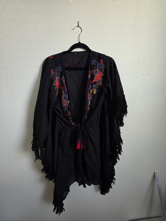 Amoressa Other - Black Embroidered Fringe Kimono with Colorful Accents